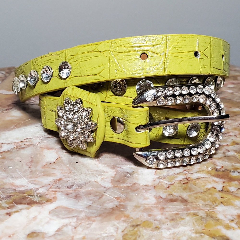 Small Lime Green Rhinestone Studded Textured Belt Folral Detail